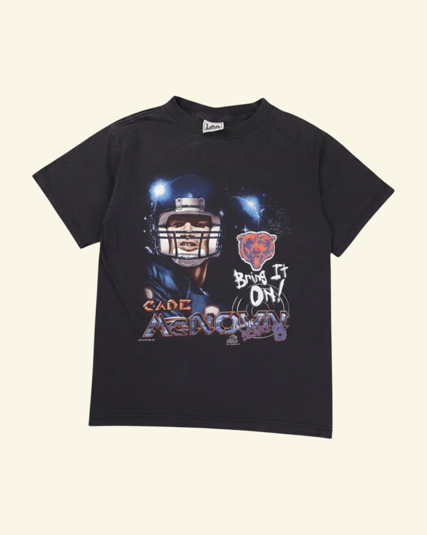 Oaks vintage 90s black short sleeve t-shirt with Cade McNown graphic and Chicago Bears logo.